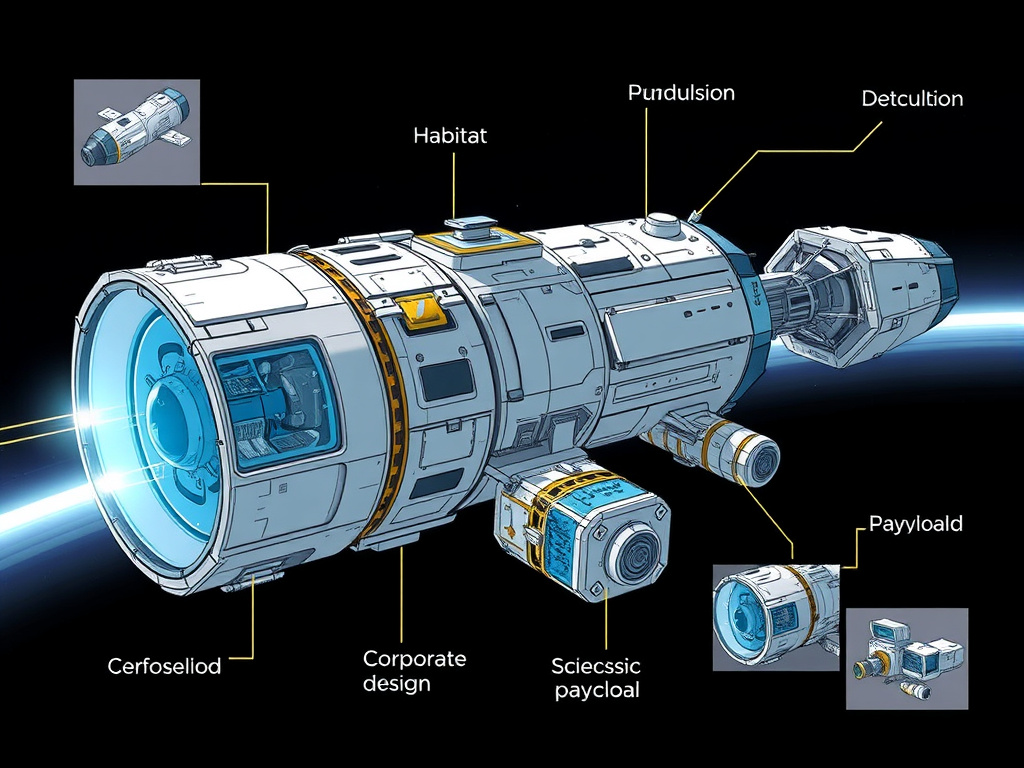illustration showing a modular spacecraft with detachable modules, labelled with functions like habitat, propulsion, science payload, corporate design