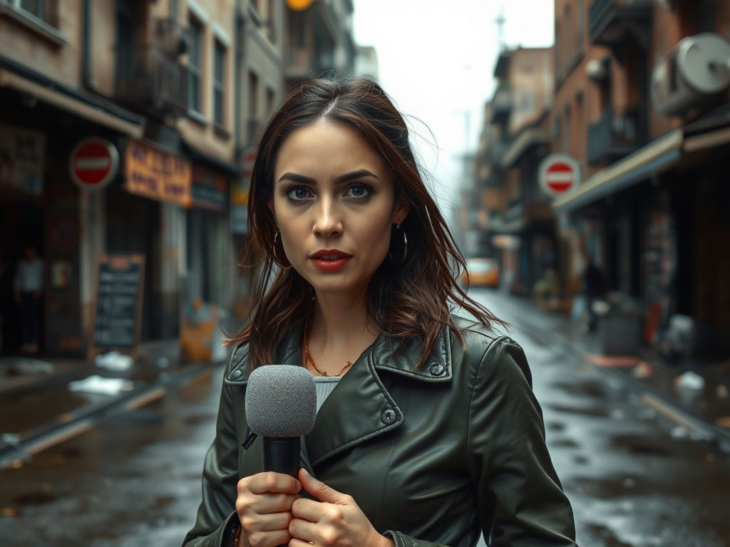 A determined female reporter with a microphone stands in a rain-soaked, decaying city street, looking directly at the camera with a focused expression