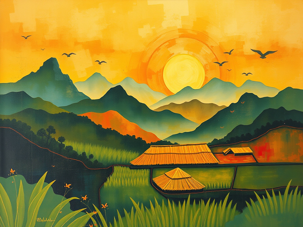 abstract painting depicting ancient Sundanese landscape with mountains and rice paddies, corporate style