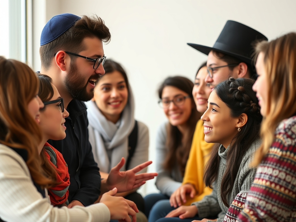 A diverse group of young Jewish people engaged in a discussion, representing different levels of religious observance and cultural backgrounds, rendered in a modern and inclusive style.