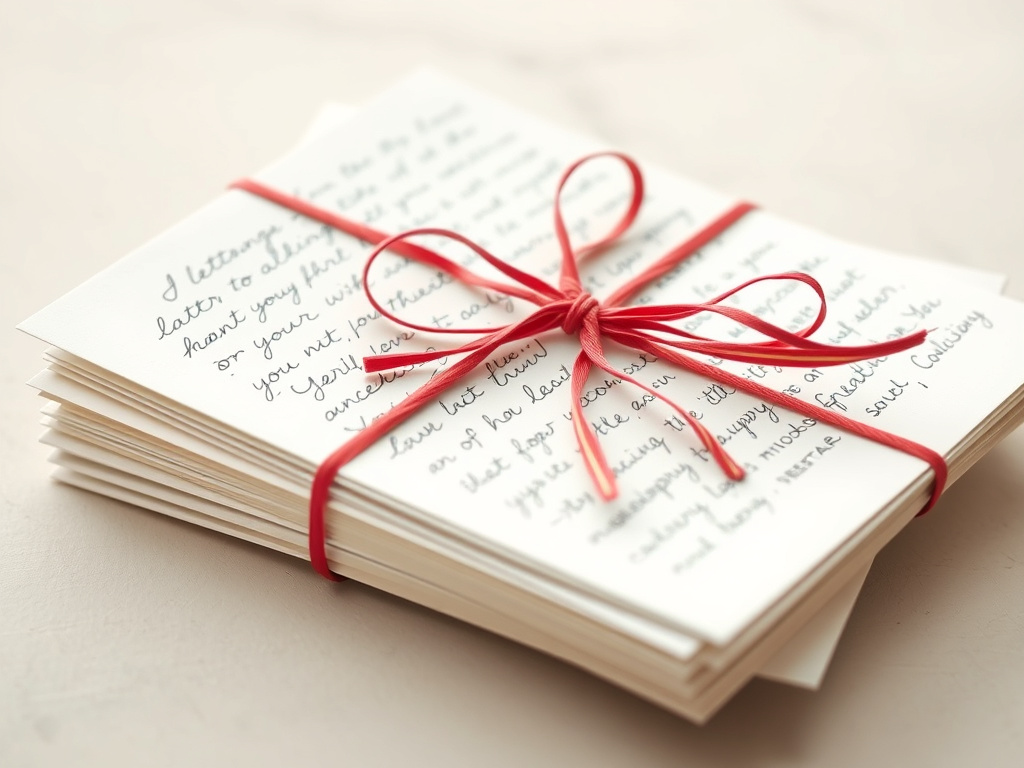 a stack of handwritten letters tied with ribbon, soft focus, classic design, corporate style