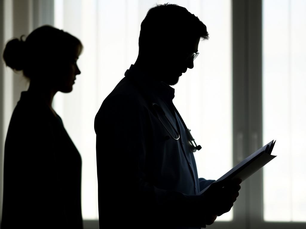 a silhouette of a medical professional reviewing a patient's chart, emphasizing the importance of medical history and monitoring