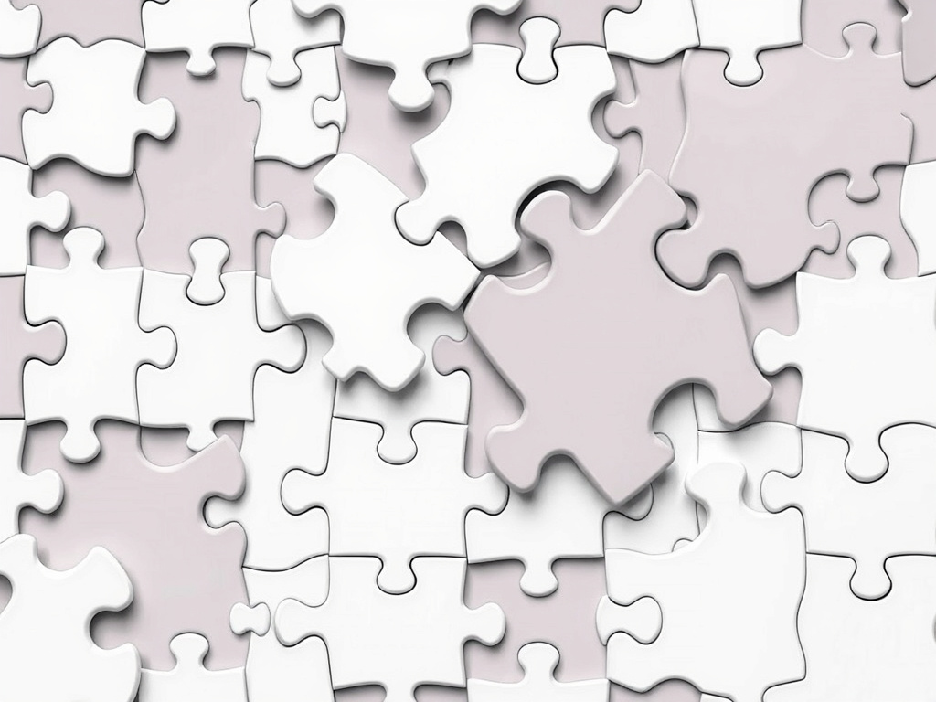 Interlocking puzzle pieces representing different points in time, creating a complex and interconnected pattern, corporate style