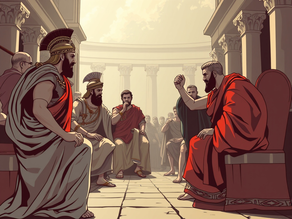 a depiction of a roman court scene, showing the application of roman law
