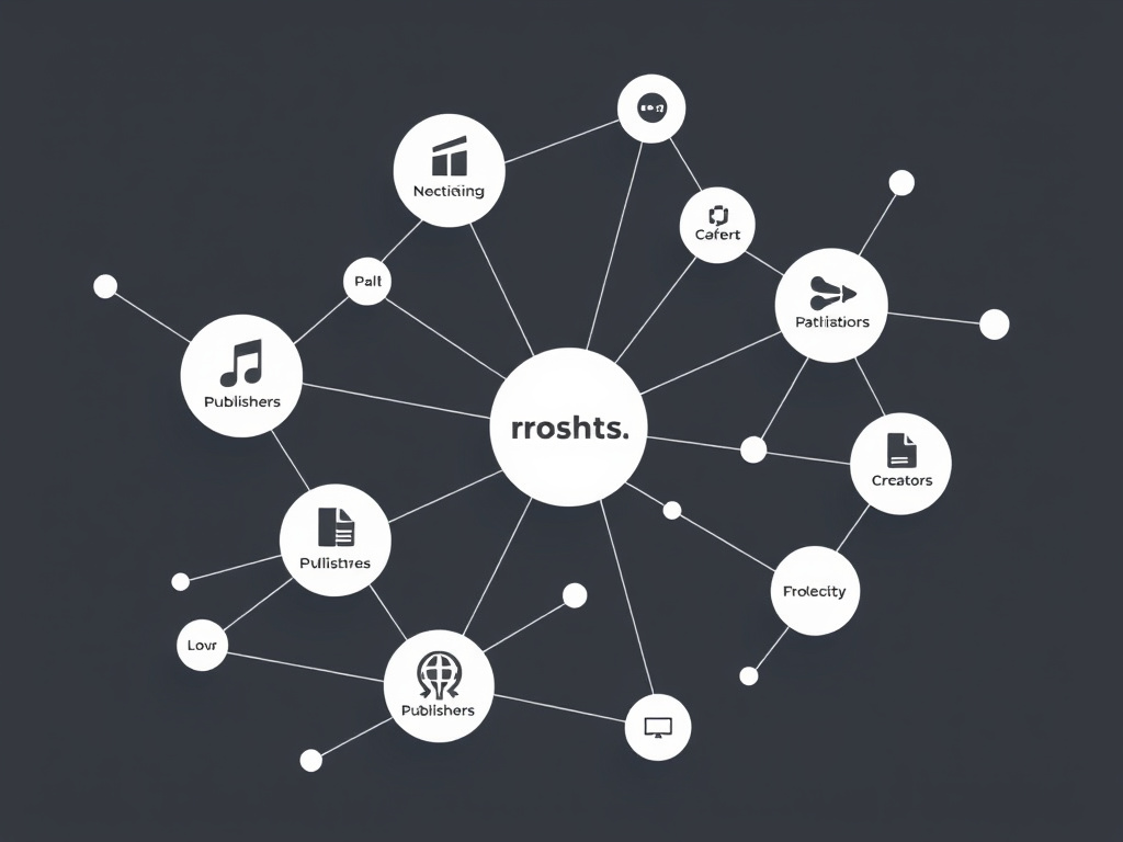 network of interconnected nodes representing music rights organizations, publishers, and creators, corporate design