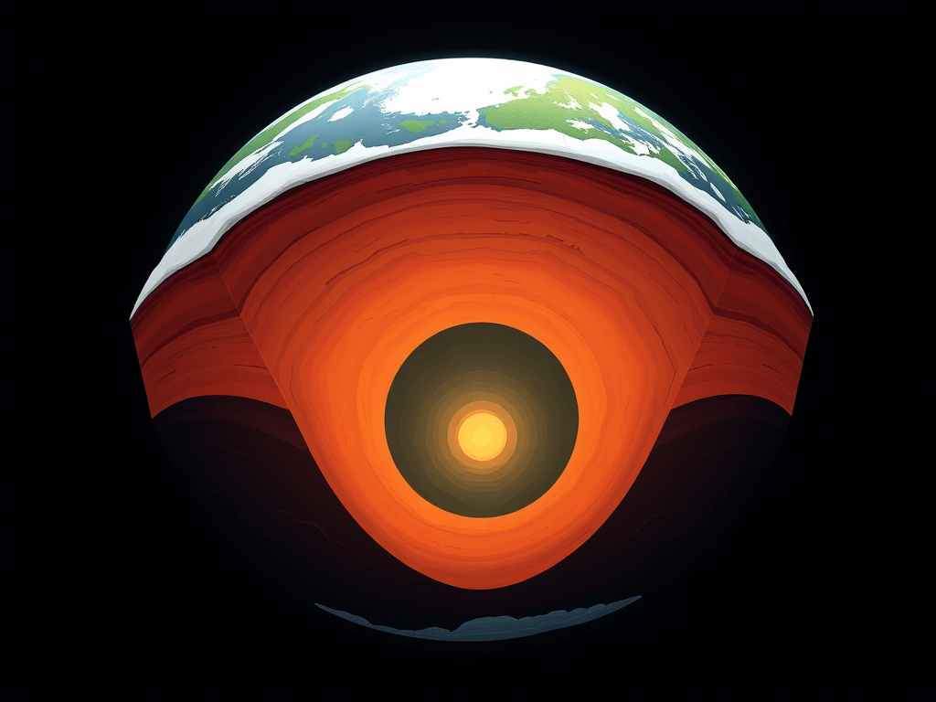 Illustration of Earth's layers – crust, mantle, outer core, inner core – showing tectonic plates and their movement, corporate style