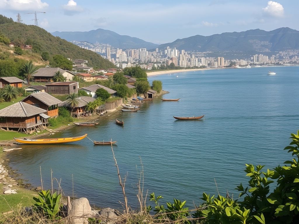 a contrast between a traditional Bajo village and a modern coastal city in the background
