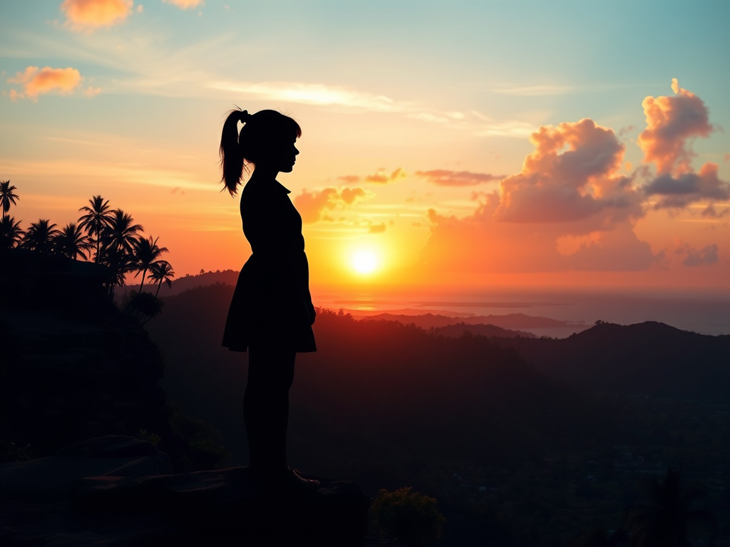 A silhouette of a young girl, resembling Sherina, standing on a cliff overlooking a lush, tropical landscape at sunset, corporate design