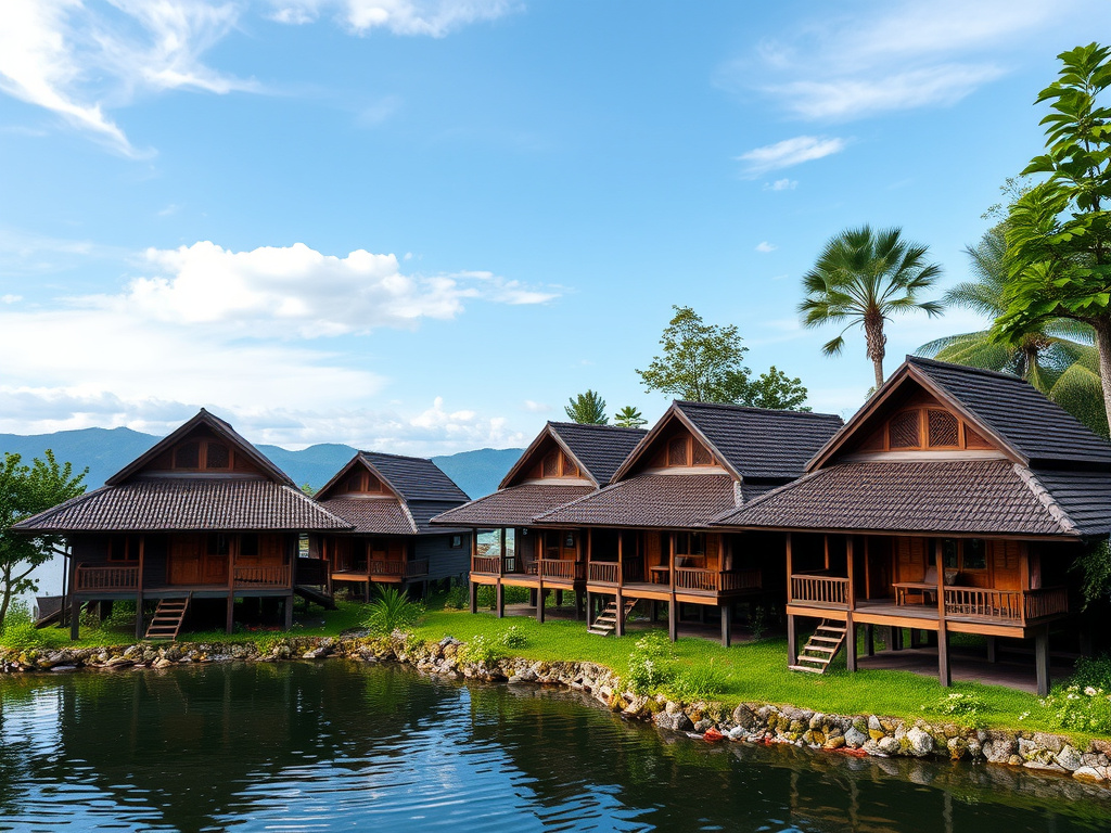 a group of traditional Batak houses overlooking the serene waters of Lake Toba, corporate design