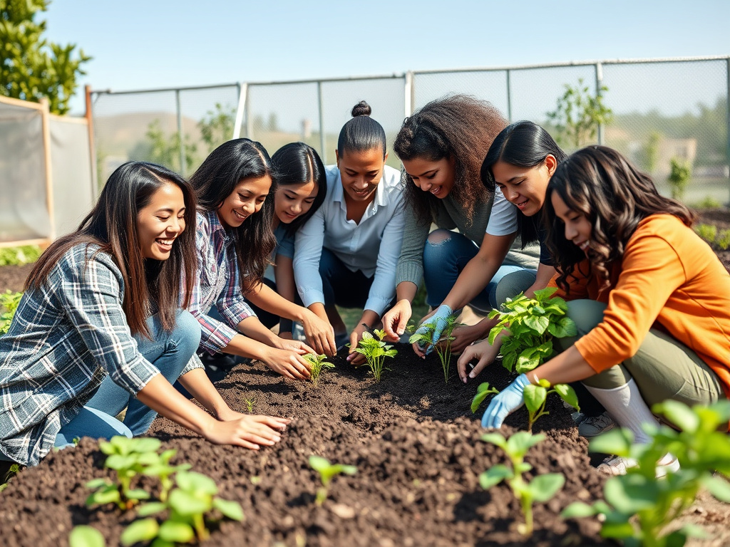 A diverse group of people working together on a community garden, planting seeds and tending to the soil. Corporate design, emphasizing collaboration and sustainability.