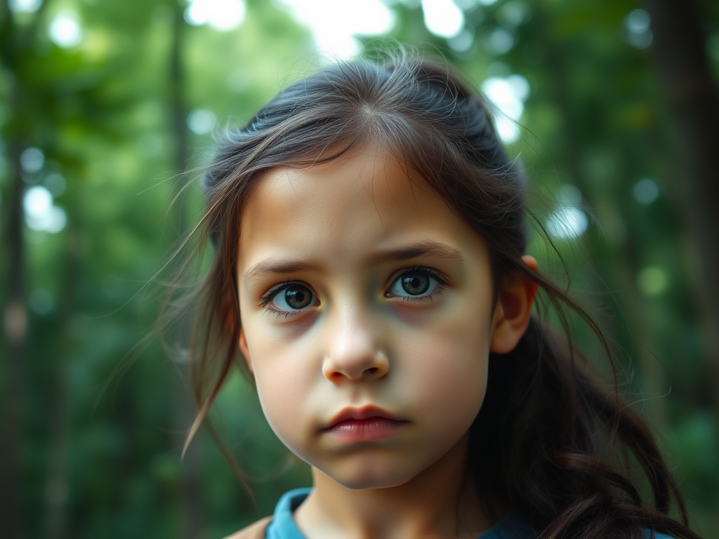 Close-up portrait of a young girl looking determined, with a backdrop of a lush forest, corporate visual style