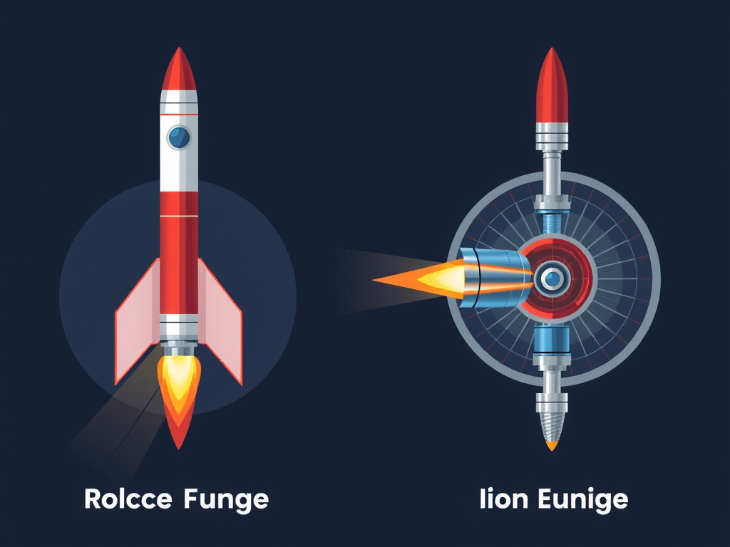 illustration comparing a rocket engine and an ion engine, showing the different principles of thrust generation, corporate design