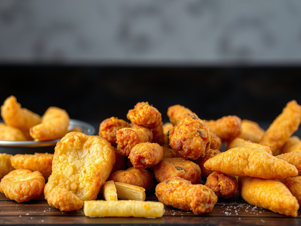 a still life of various fried foods on a dark wooden surface, slightly blurred background