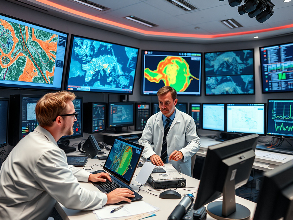 Scientists working with advanced seismological equipment in a high-tech control room, corporate style