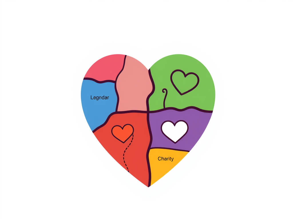 A symbolic representation of a heart divided into sections, each representing different acts of charity and kindness. Corporate design, conveying compassion and empathy.