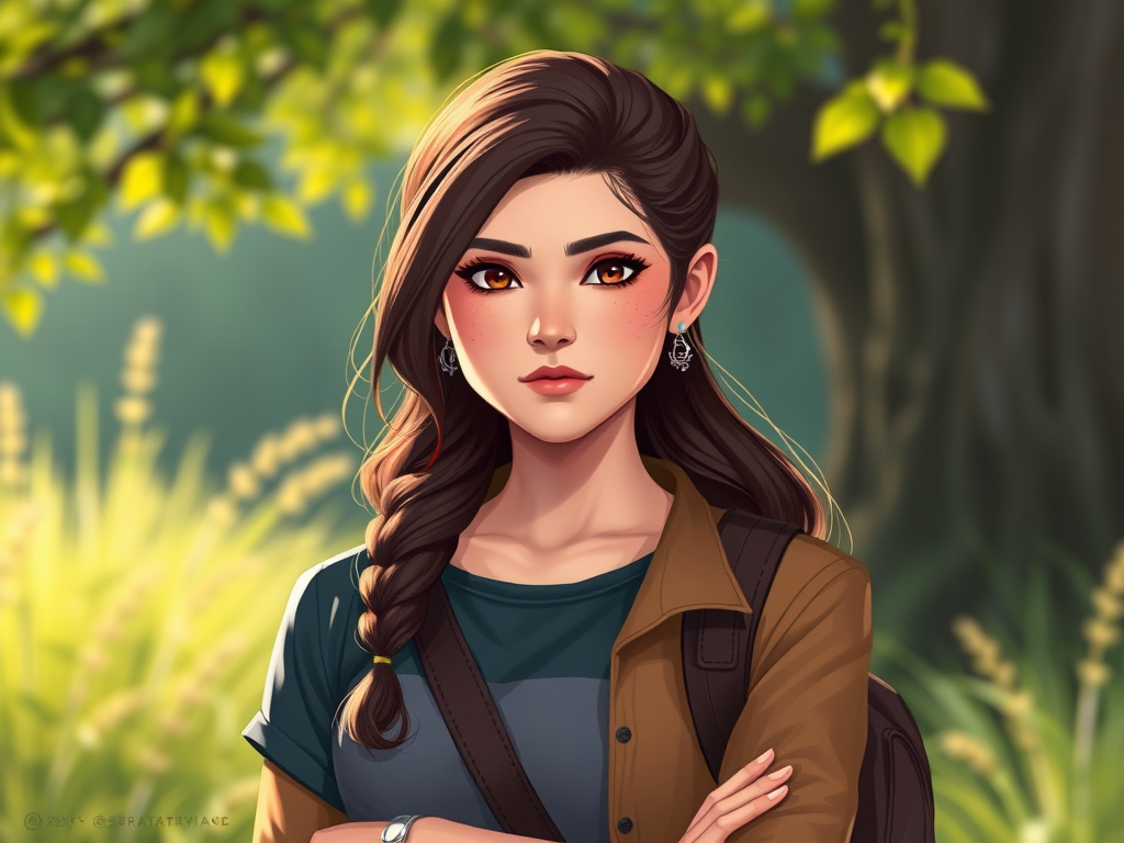 A modern depiction of Sherina's character, portrayed as a young woman with a determined expression, standing in a natural setting, corporate design
