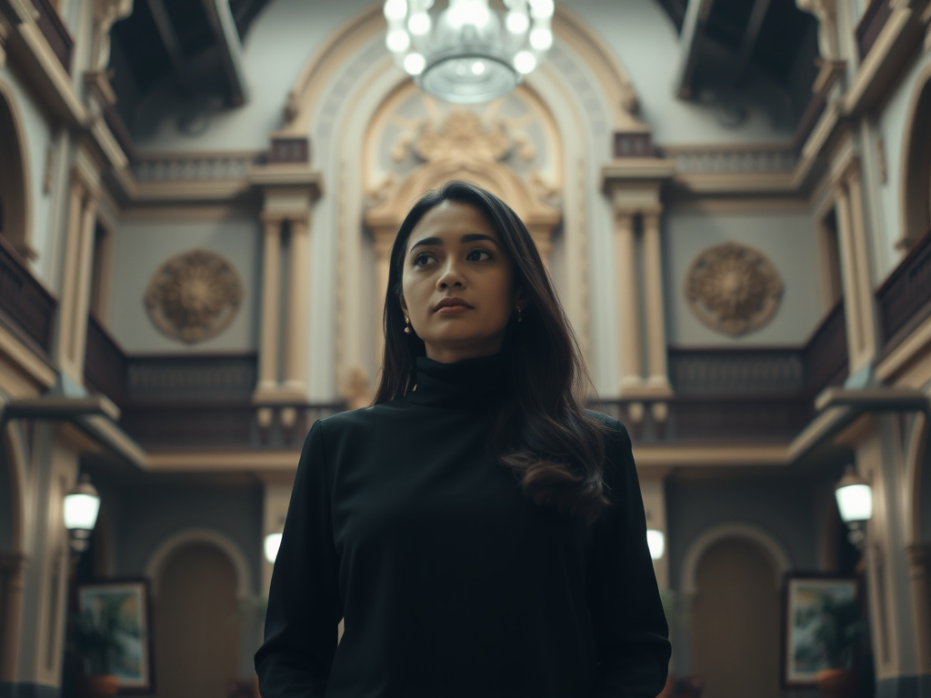 a woman looking melancholic while standing in a grand traditional Javanese building, subdued lighting, corporate style