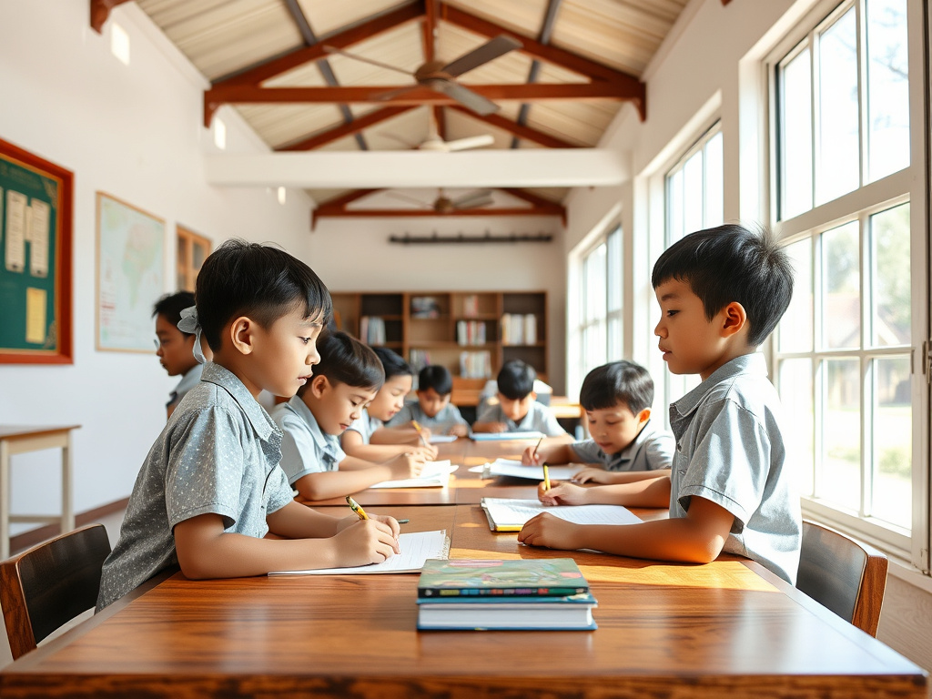 sundanese children learning in a traditional school setting, bright and airy, corporate design