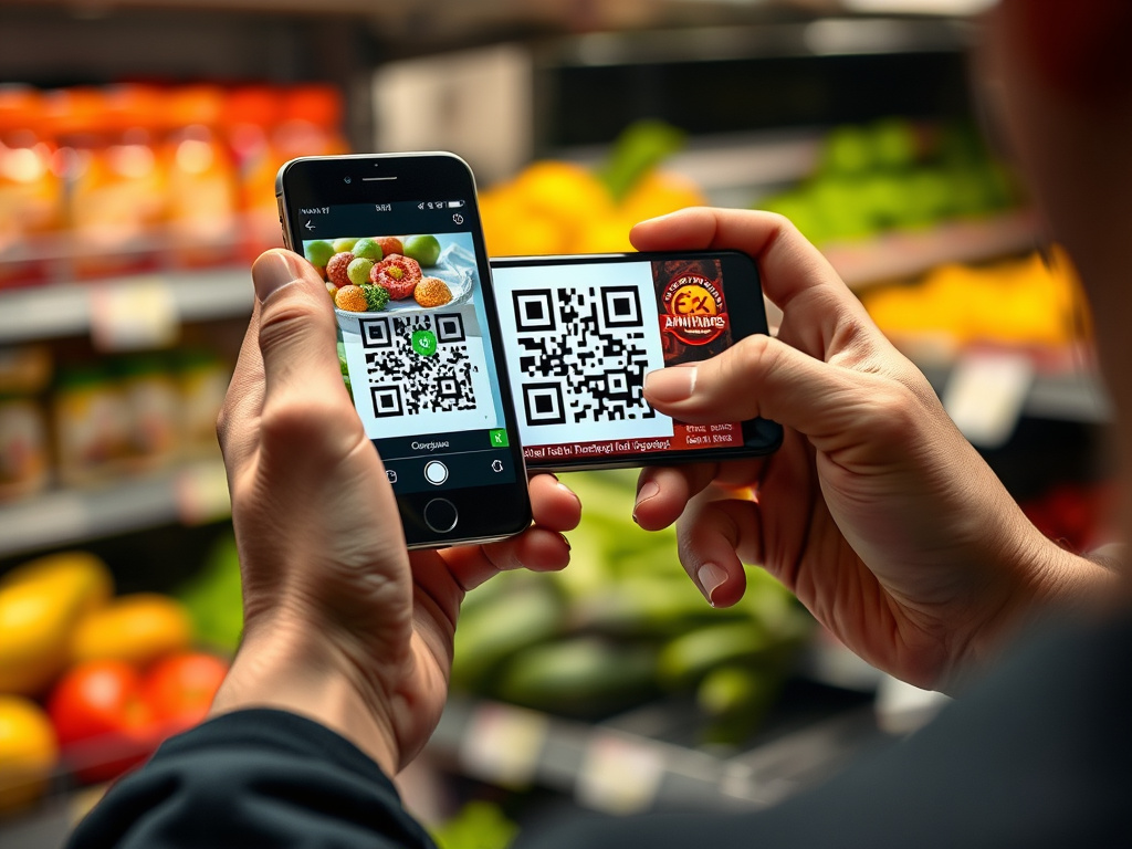 a person using a smartphone app to scan a food product's QR code and access information about its origin and safety, corporate tech photography