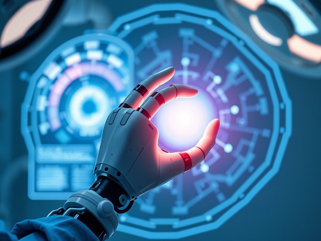 a futuristic-looking robotic arm performing a precise surgical procedure with a holographic display in the background