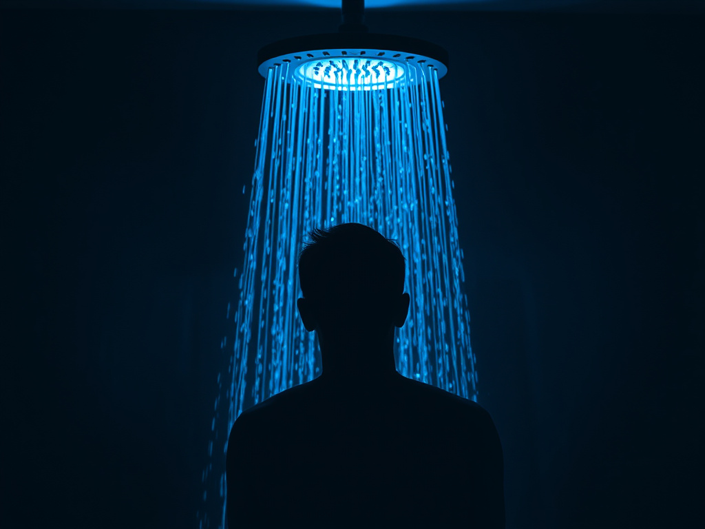 a silhouette of a person standing under a shower head at night, with cool blue tones and a focus on the water droplets