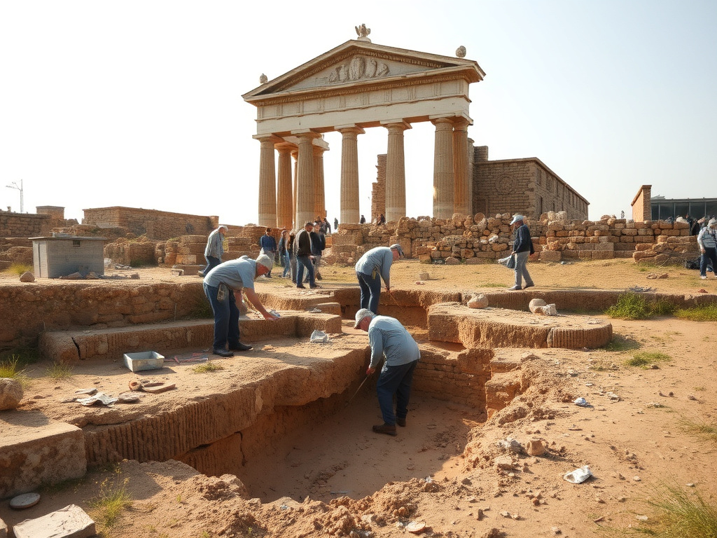 archaeologists excavating an ancient roman site, uncovering artifacts and revealing historical insights