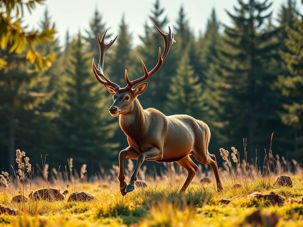 a powerful stag running through a lush forest, antlers gleaming in the sunlight, a symbol of strength and grace, corporate design