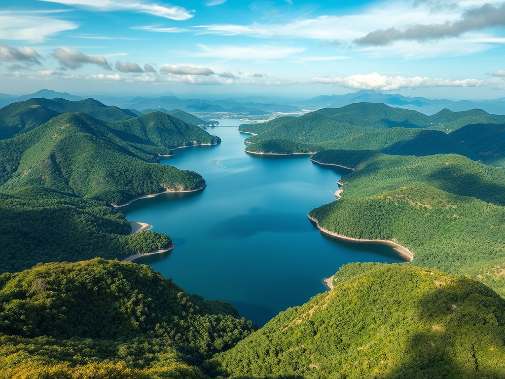 Aerial view of Lake Toba with surrounding lush green mountains, corporate design