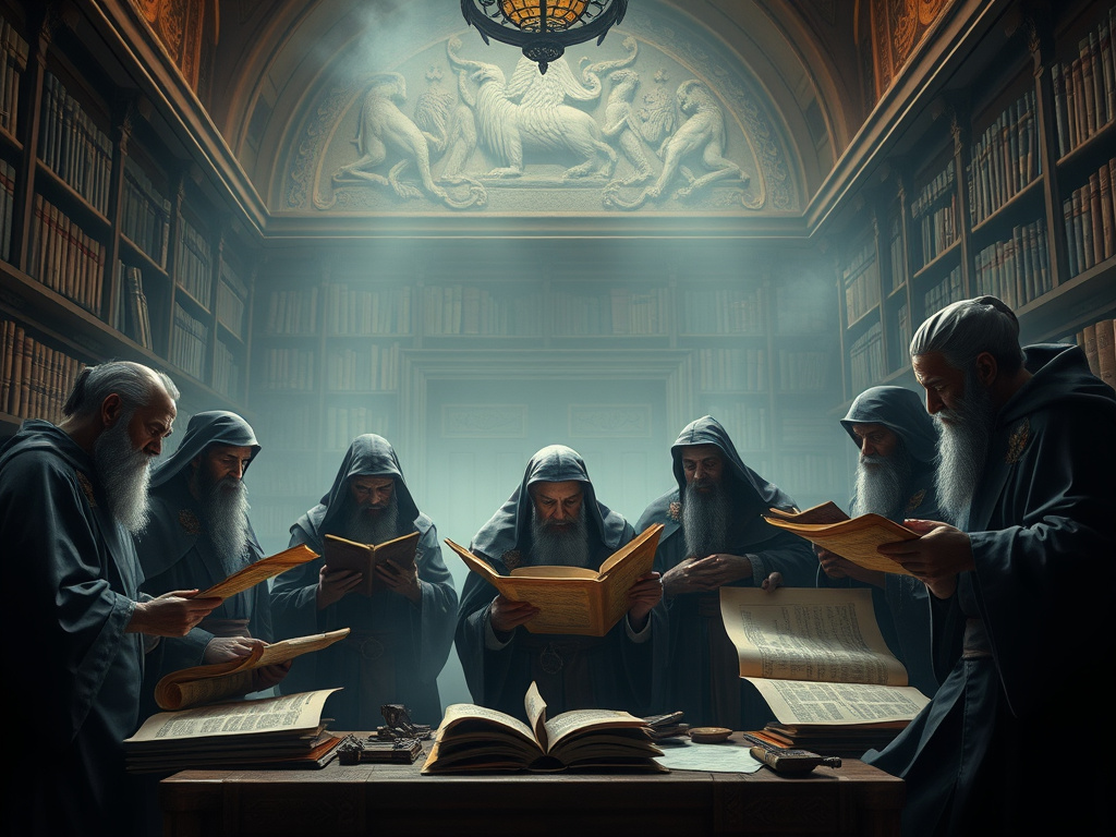 A group of scholars studying ancient scrolls in a dimly lit library, rendered in a sophisticated, corporate tone