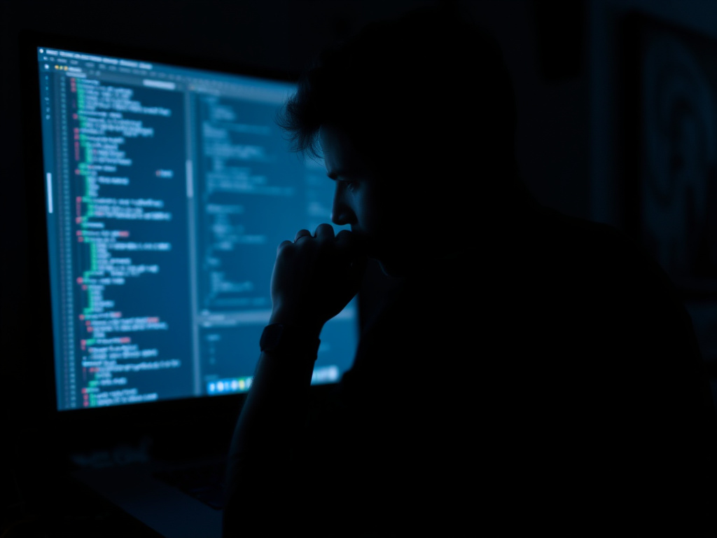 a blurred silhouette of a musician looking frustrated at a computer screen with complex data