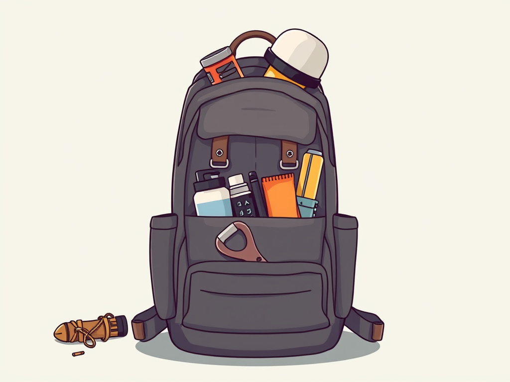 a neatly packed backpack with camping gear, corporate illustration style