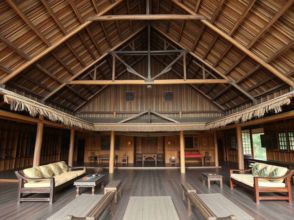 A traditional Dayak longhouse, viewed from a slightly elevated angle, illustrating the communal living style of the Dayak people, corporate design