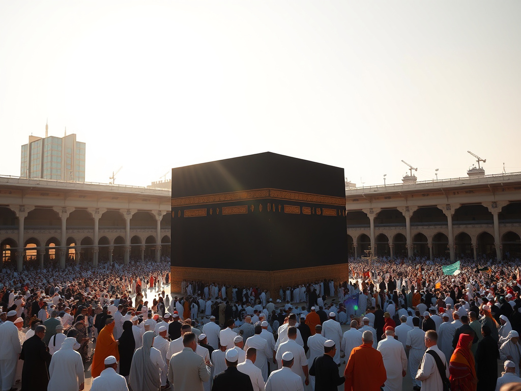 A serene landscape of pilgrims performing Tawaf around the Kaaba in Mecca, bathed in warm sunlight. Corporate design, focus on unity and devotion.