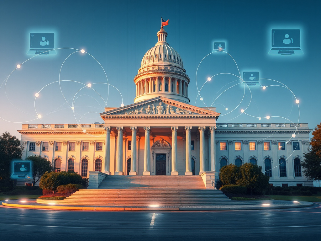 a modern government building with subtle data streams flowing around it, representing policy and regulation