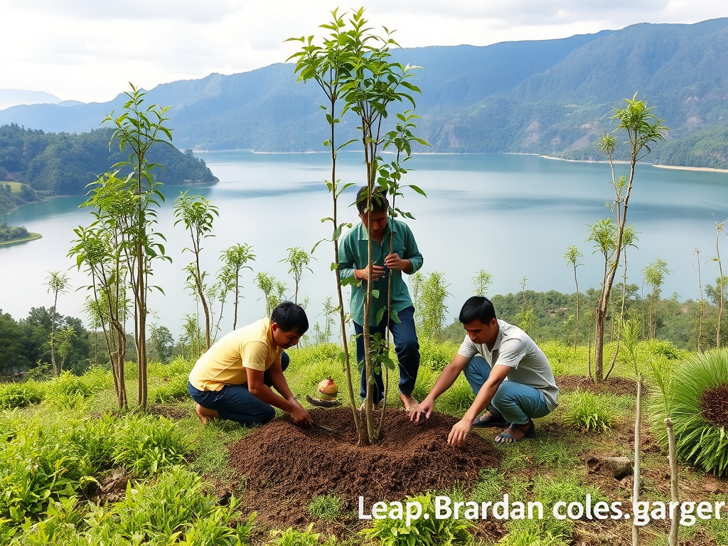 People planting trees near Lake Toba as part of a reforestation project, corporate design