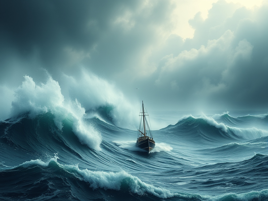 a stormy sea with a lone ship navigating through rough waves, representing market volatility and risk