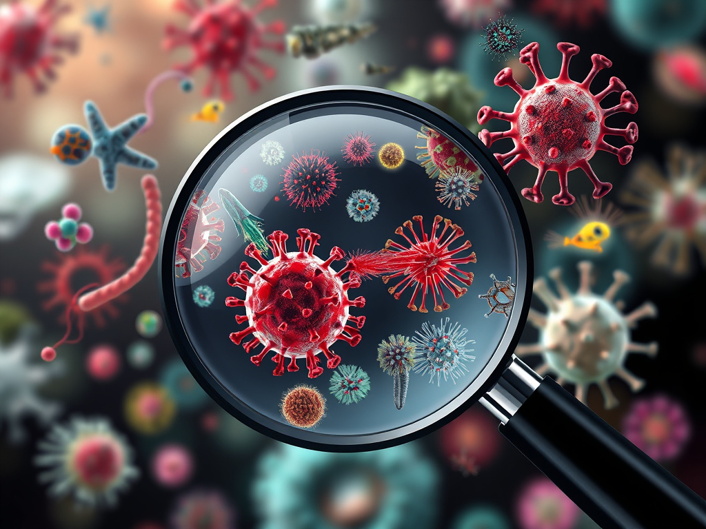 a magnified image of various pathogens - bacteria, viruses, and parasites - in a visually balanced, corporate-style graphic