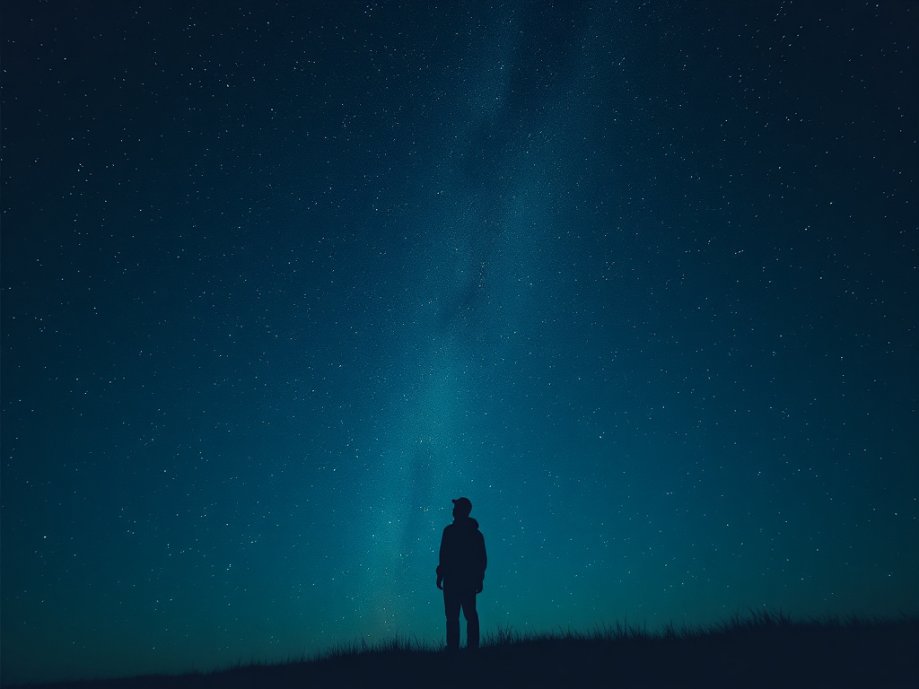 a silhouetted person looking up at a starry night sky, minimalist design