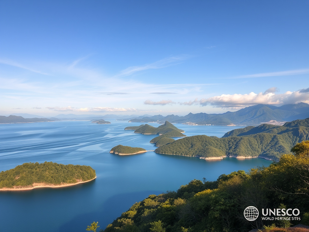 Panoramic view of Lake Toba with a UNESCO World Heritage Site sign, corporate design