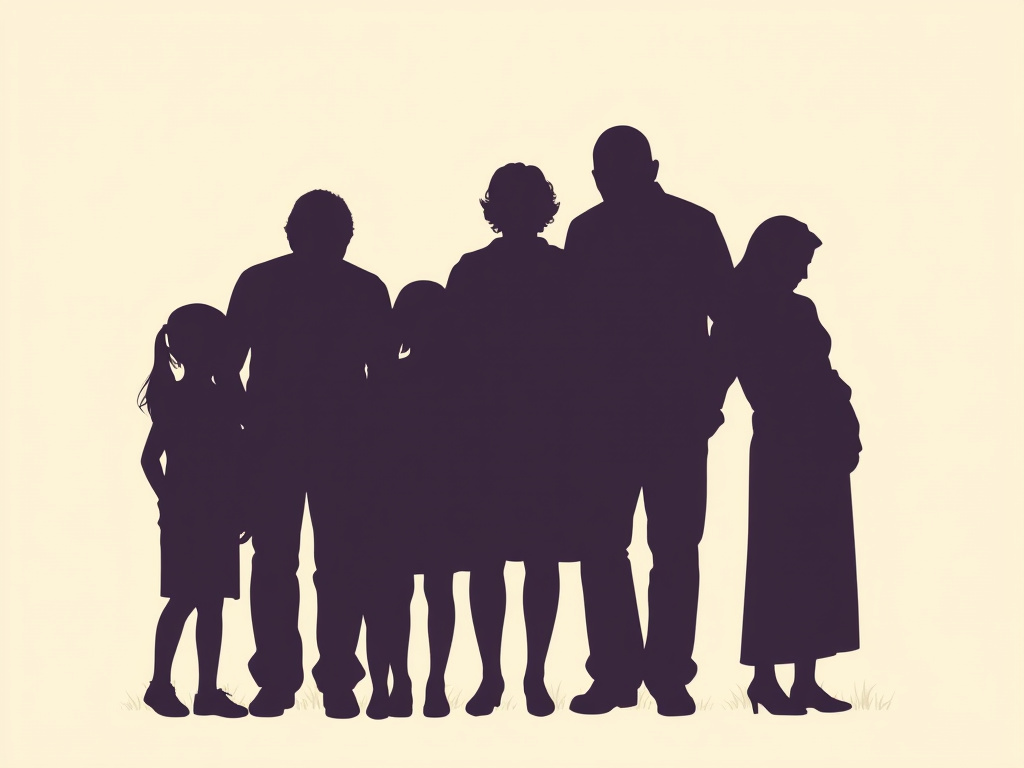 a family silhouette with children and elderly members, emphasizing vulnerability, corporate design