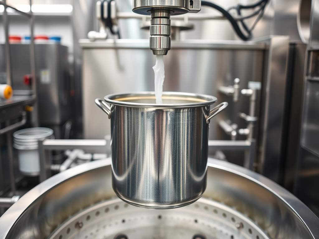 A stainless steel container undergoing the pasteurization process in a hygienic food processing facility, corporate visual style