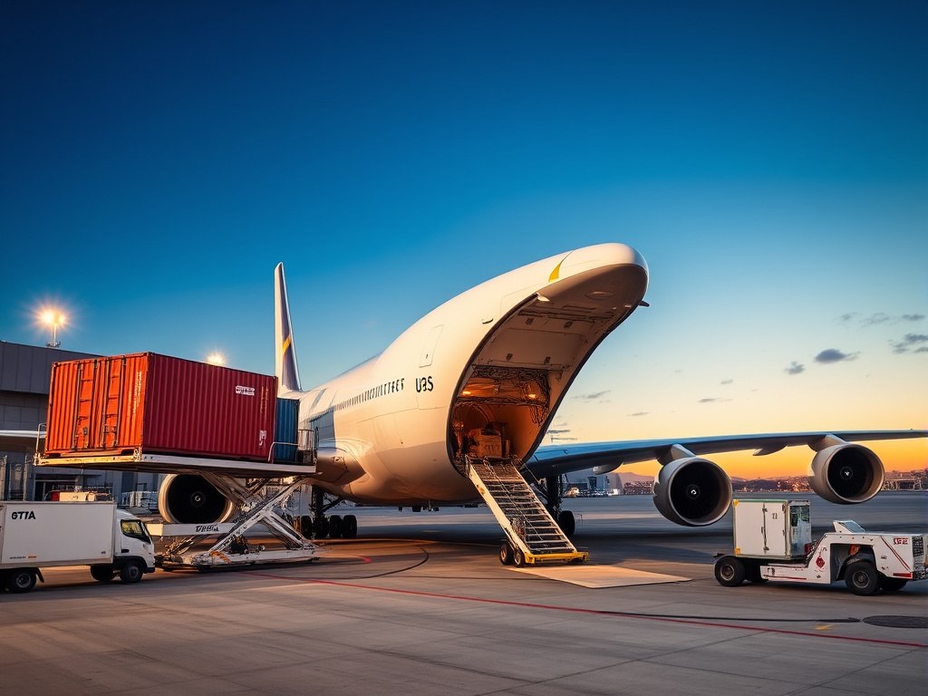 a large cargo plane being loaded with containers at an airport, corporate design