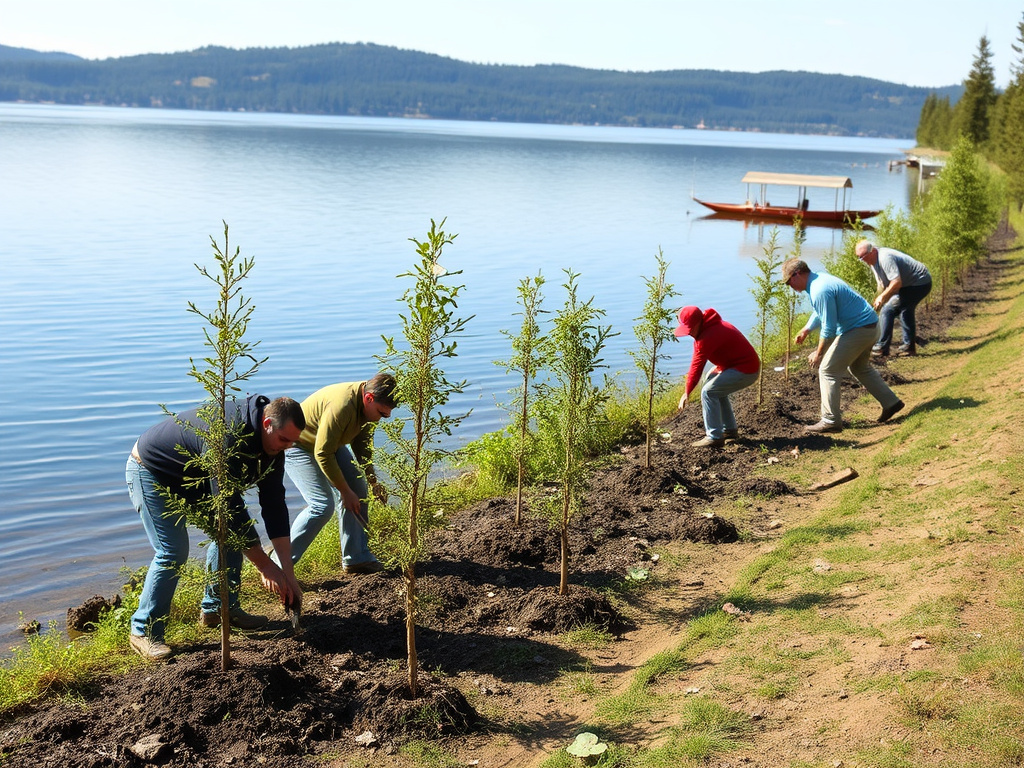 a group of people planting trees along the shoreline of a lake, symbolizing conservation efforts, corporate design