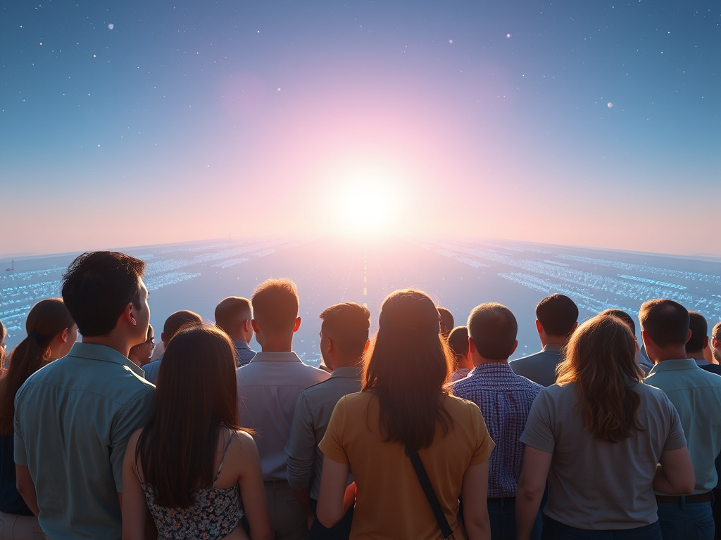 a diverse group of people looking towards a bright, futuristic horizon representing the potential of artificial intelligence