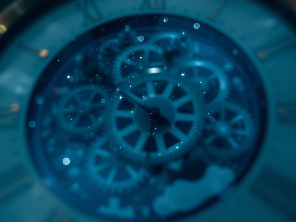 A blurred image of clock gears intertwined with a starry night sky, suggesting the passage of time and the vastness of space, corporate style