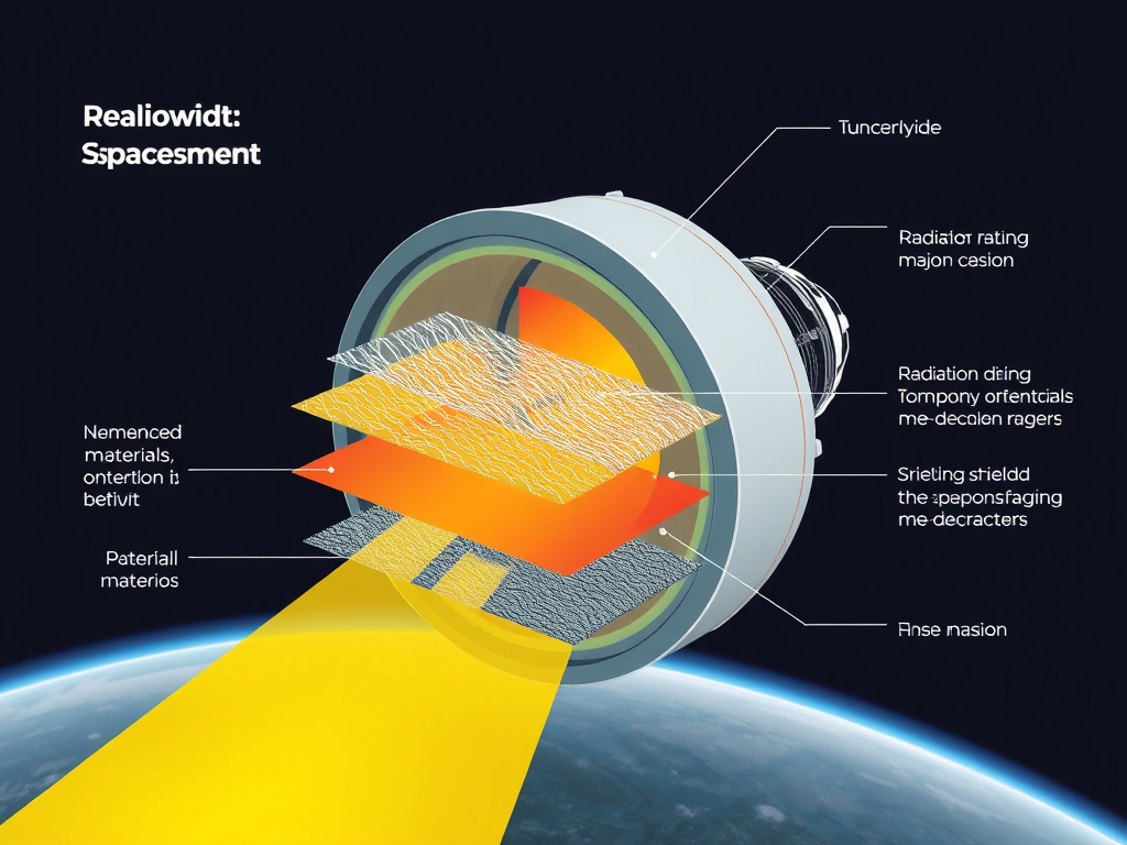 illustration depicting radiation shielding layers on a spacecraft, showing different materials and their effectiveness, corporate design