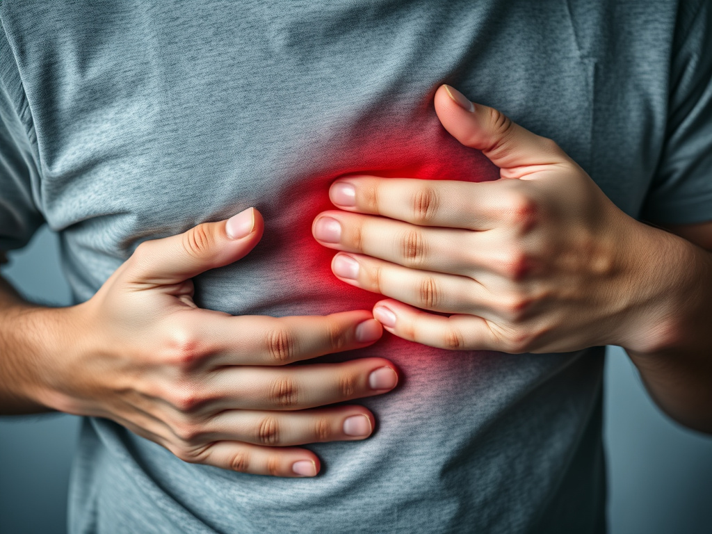 a person experiencing stomach discomfort, depicted in a subtle and empathetic way, corporate healthcare imagery