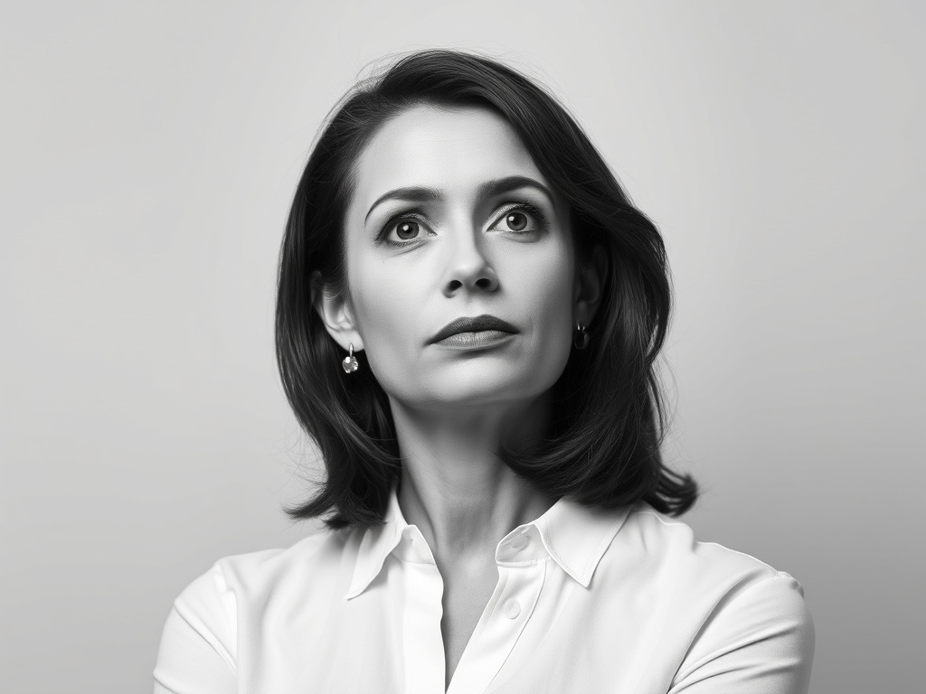 a thoughtful portrait of a woman with a pensive expression, black and white, corporate design