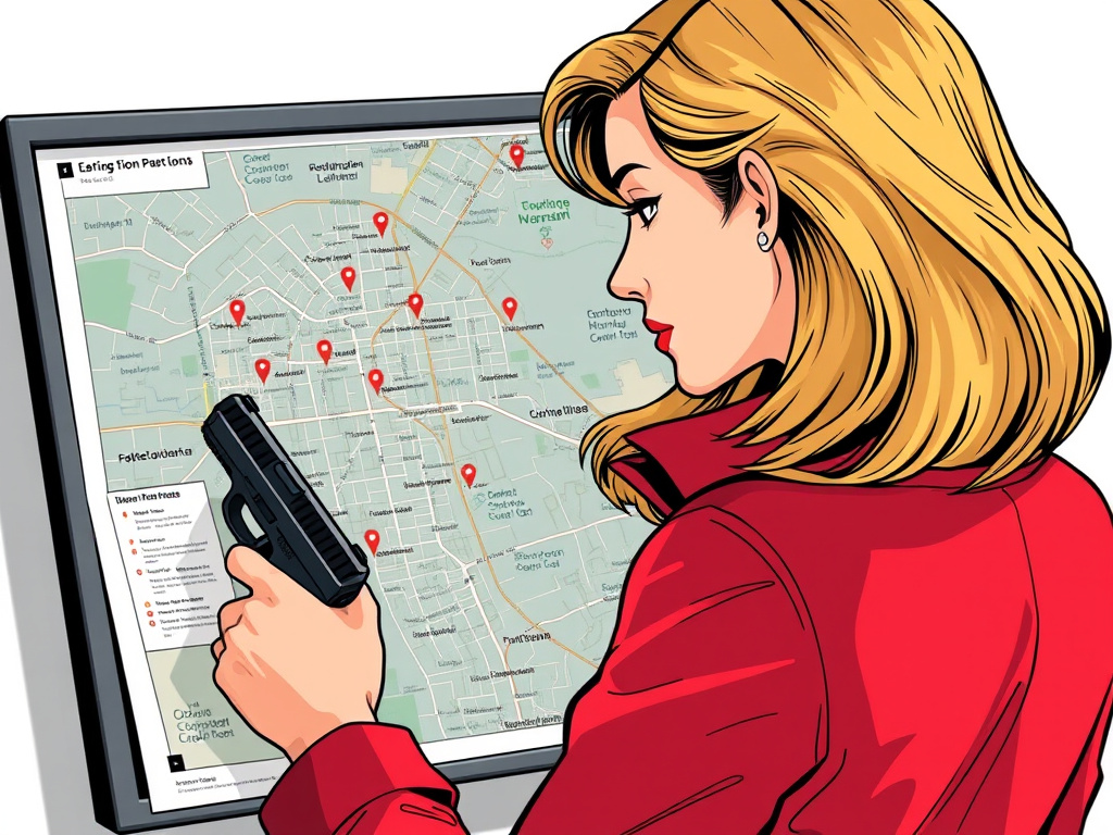 A detailed illustration of a woman examining a map of a city, with various points of interest highlighted, while holding a handgun