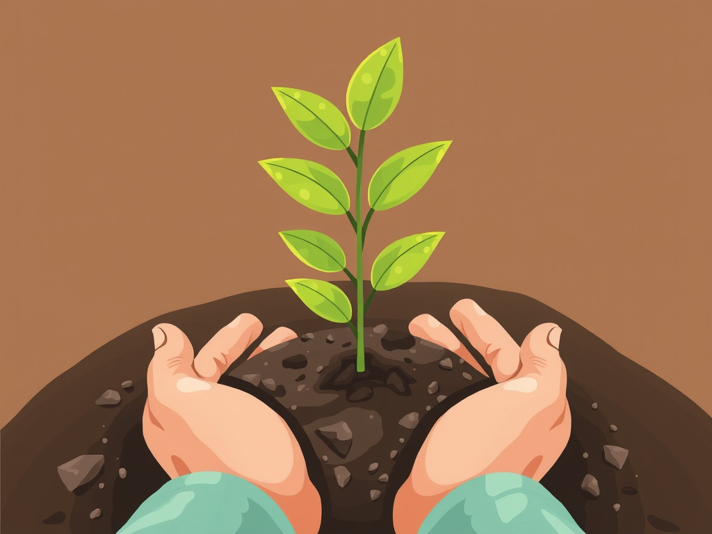 Two hands planting a small tree sapling in fertile soil, symbolizing environmental care, corporate illustration style